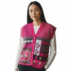 Vintage Womens Medium Knit Short Sleeve Cardigan Sweater Vest Mixed Print Pink